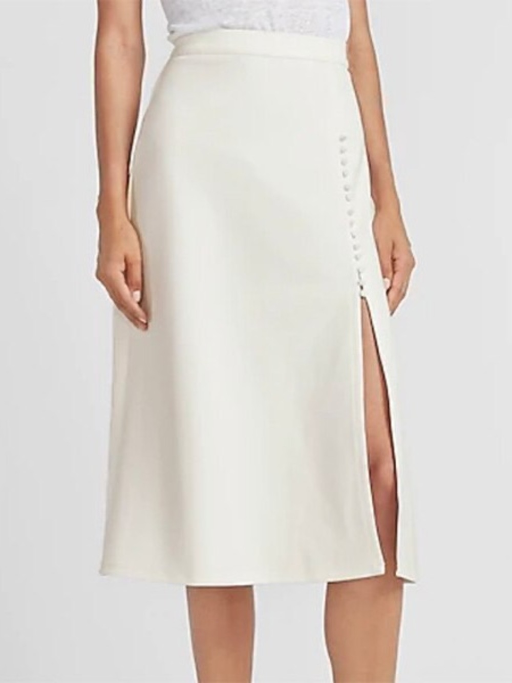 Express White A-Line Midi Skirt with Side Covered Buttons